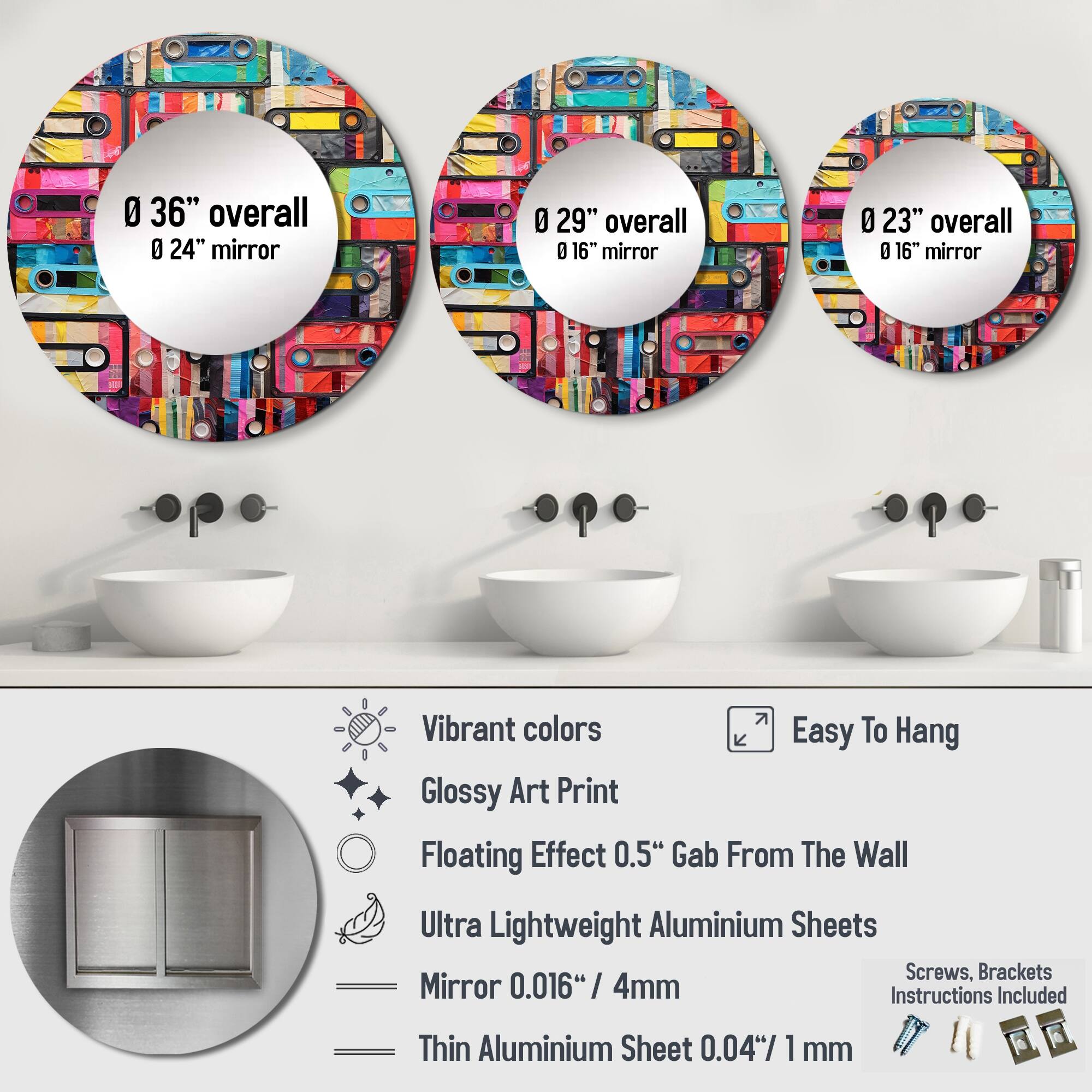 Designart "Cassette Tapes Tape Mosaic I" Music Large Round Mirror